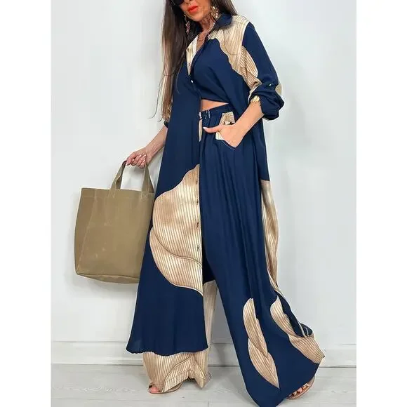 Luxury Blue Colorblock Satin Lounge Oversized Button-Down Shirt & Wide-Leg Pants - Picture 5 of 12